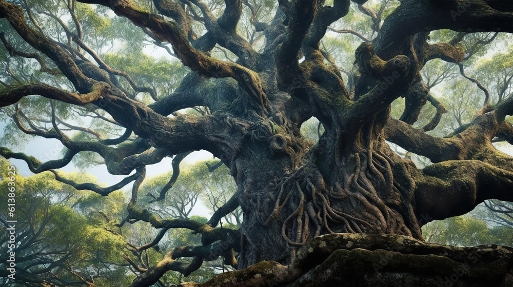 Poster a very large tree with many branches and moss growing on it. generative ai
