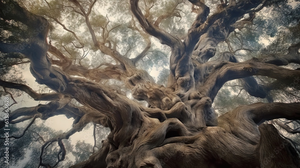 Poster a very large tree with many branches in a forest with a sky background. generative ai
