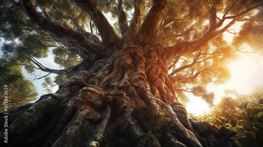 Poster a very large tree with a lot of leaves on it. generative ai
