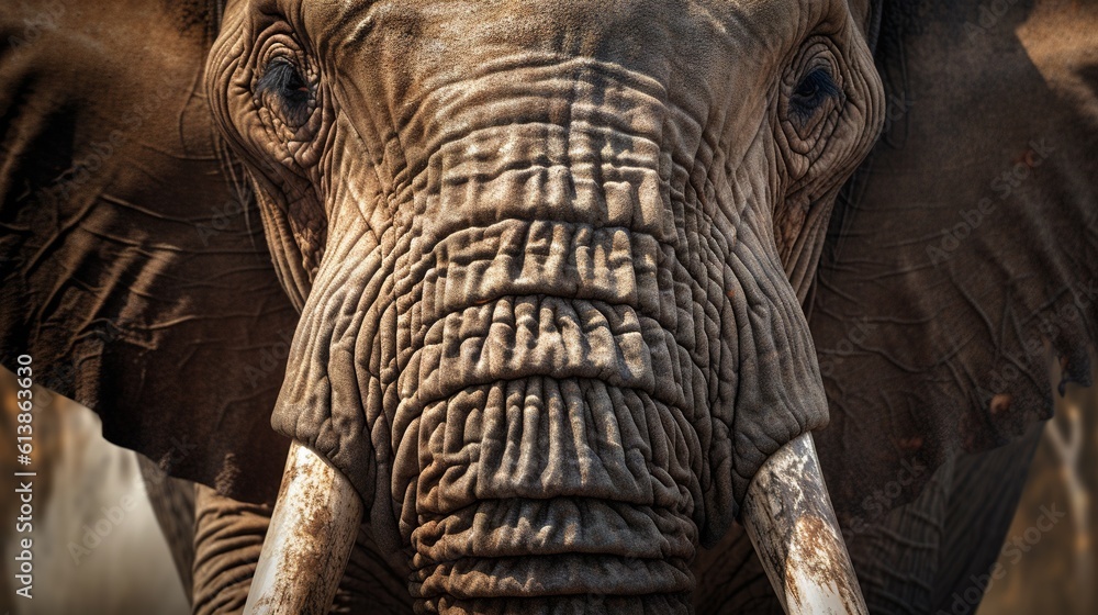Poster a close up of an elephant with tusks and wrinkles. generative ai