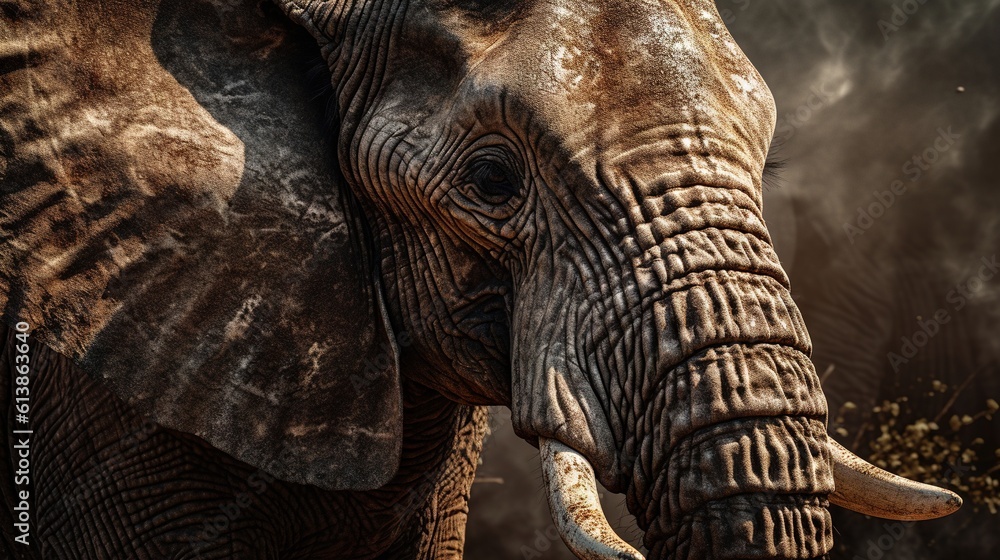Poster a close up of an elephant's face and trunk. generative ai