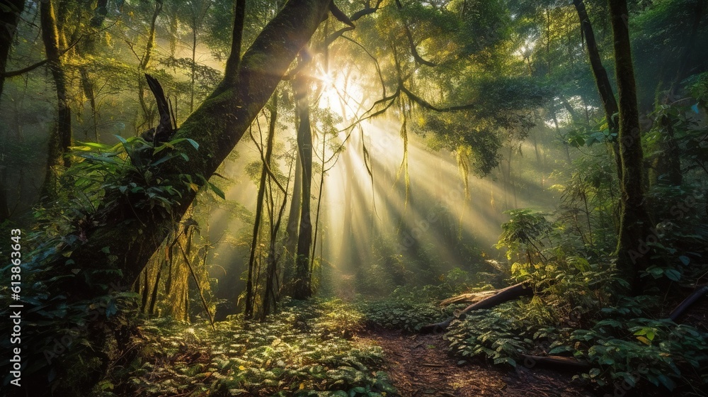 Poster a sunbeam shines through the trees in a forest. generative ai