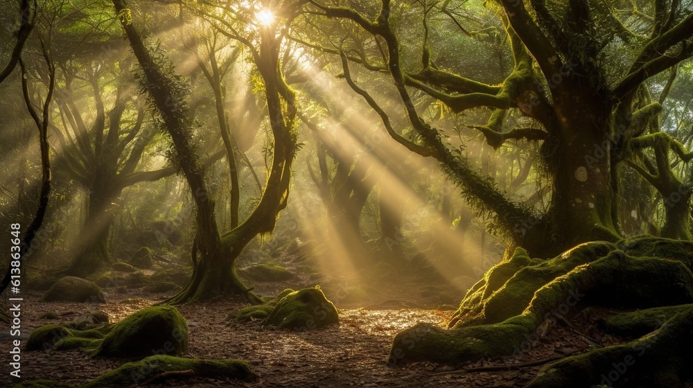 Aufkleber sunlight shining through the trees in a forest filled with moss. generative ai