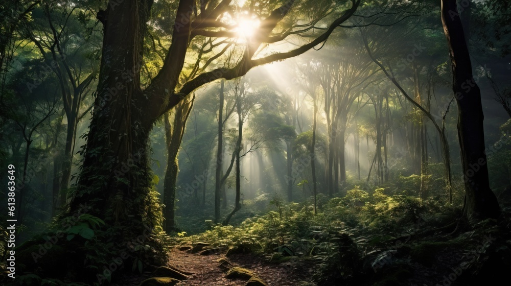Poster the sun shines through the trees in a forest filled with ferns. generative ai