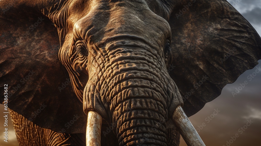 Poster a close up of an elephant's face with clouds in the background. generative ai