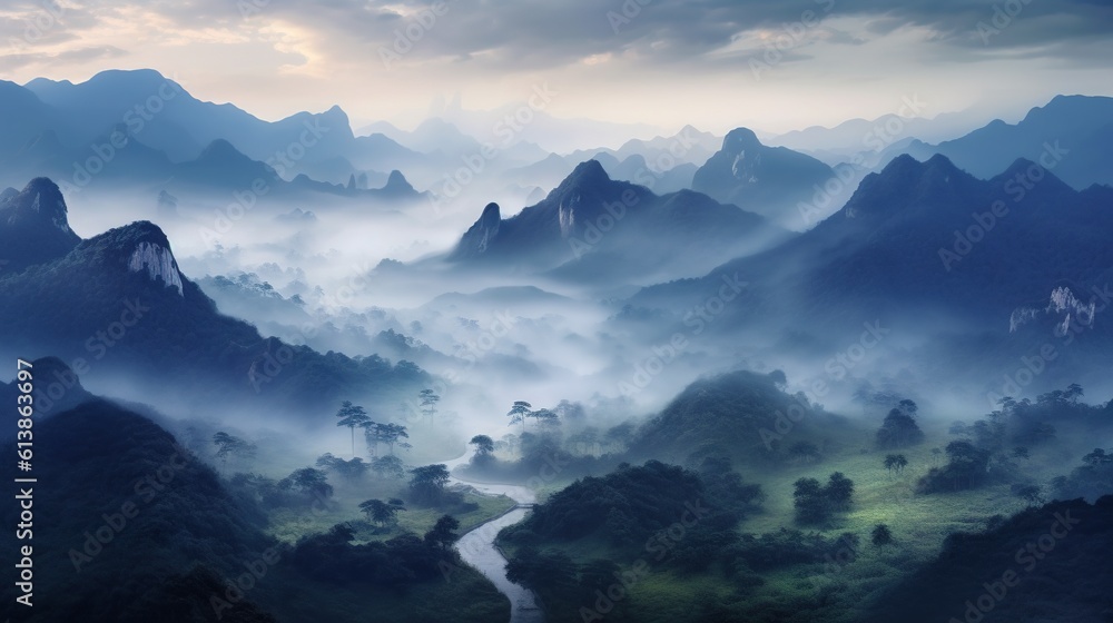 Aufkleber a view of a mountain range with a river running through it. generative ai