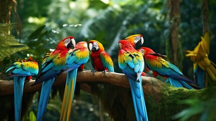 Obraz na płótnie Canvas a group of colorful parrots sitting on a tree branch. generative ai