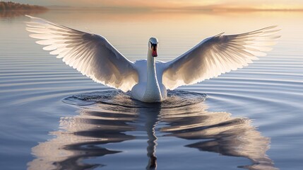 a swan flaps its wings while swimming in a lake at sunset.  generative ai - obrazy, fototapety, plakaty
