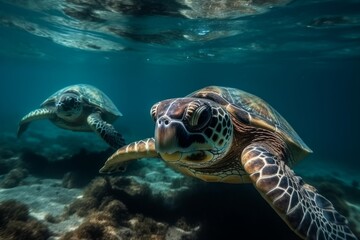 Fototapeta premium Sea turtles swimming in bright clear turquese underwater. Generative Ai