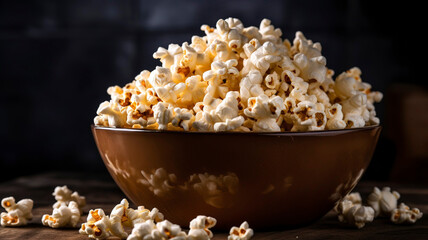 Large bowl of salty popcorn.