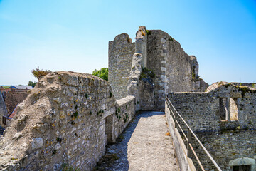 Walkway on the fortified walls of the medieval castle of Yèvre le Châtel in the French department of Loiret