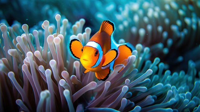  an orange clown fish swimming in a sea anemone.  generative ai