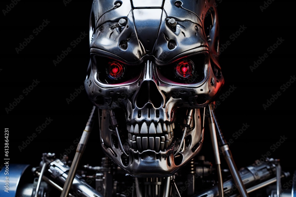Aufkleber Cyborg endoskeleton portrait on black background Generative AI