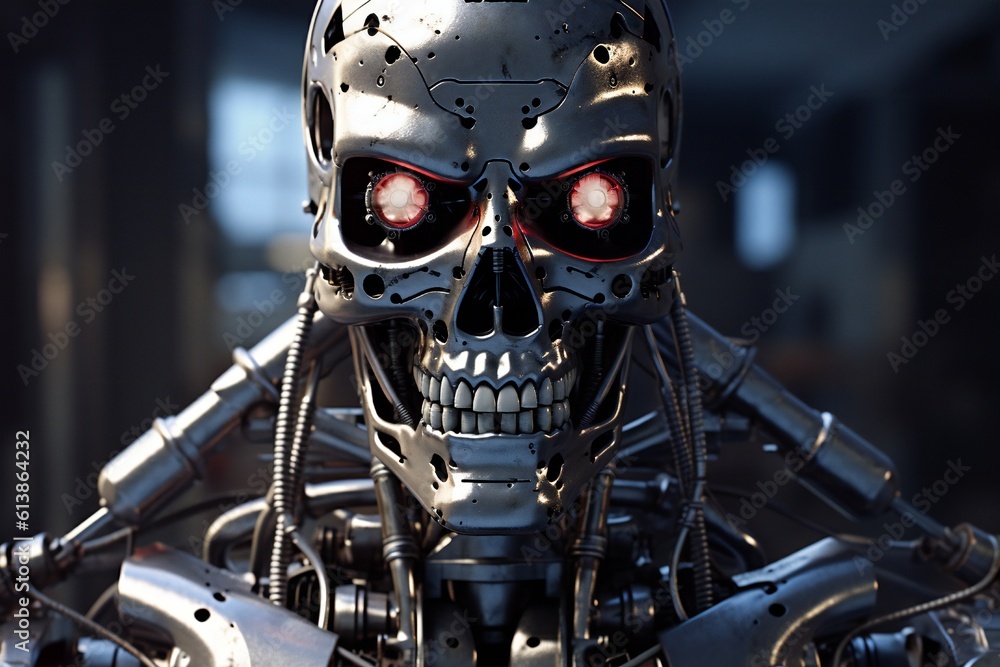 Aufkleber cyborg endoskeleton portrait on black background generative ai
