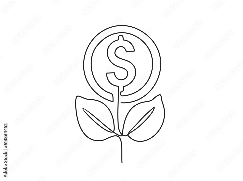 Poster one continuous line drawing of money tree plant with coin dollar. growing coin tree symbol and finan