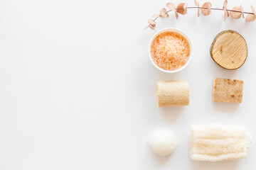 Flatlay of spa cosmetics and bathing accessories set