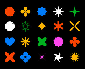 Abstract geometric shapes, brutalism forms, memphis geometric elements. Trendy minimalist basic figures, stars, lines and circles, modern graphic design element vector set.