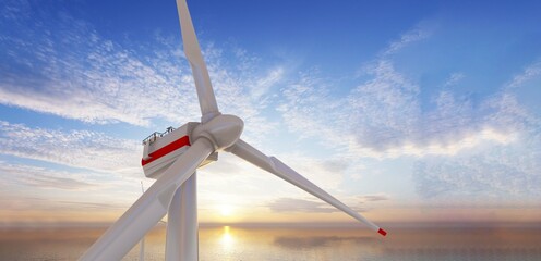 Offshore wind turbines farm on the ocean. Sustainable energy production, clean power. Close-up wind turbine. © adobedesigner