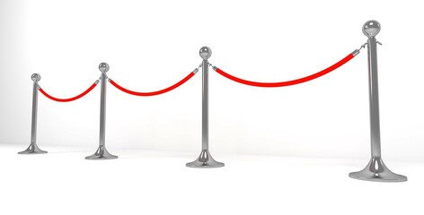 Retractable belt rack. Portable tape barrier. Red ropes on silver stanchions. Exclusive event, movie premiere, gala, party, ceremony, awards concept. 3d rendering