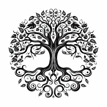 A round drawing of the tree of life in black and white. Tattoo idea for a spiritual theme.