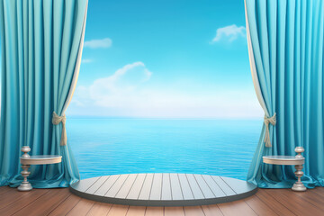 Product podium scene in pastel light colors, in a nautical antique style. Blue clear sky, tourmaline sea, tulle curtains. Copy space. Generative AI 3d render illustration imitation.