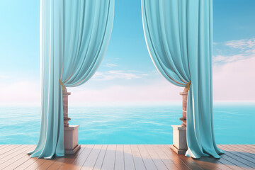Fototapeta na wymiar Product podium scene in pastel light colors, in a nautical vintage antique style. Blue sky, tourmaline sea, tulle curtains. Copy space. Generative AI 3d render illustration imitation.