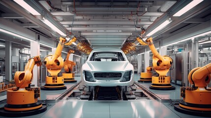 Auto assembly line of cars in a factory. Generative AI