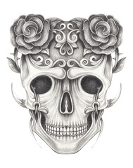 Fancy skull tattoo hand drawing on paper.