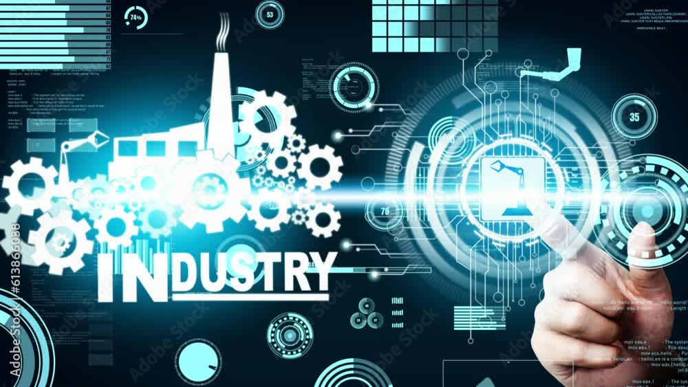 Poster futuristic industry 4.0 and inventive mechanized engineering concept with graphic user interface sho