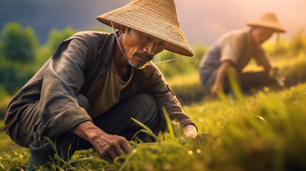 Naklejka na ściany i meble An elderly worker with an Asian appearance is engaged in rice harvesting. Generative Ai