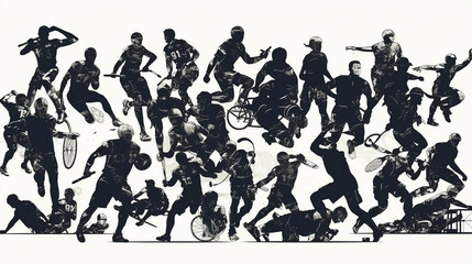 Sports, set of athletes of various sports disciplines. Isolated vector silhouettes. Run, soccer, hockey, volleyball, basketball, rugby, baseball, american football, cycling, golf. Generative ai.