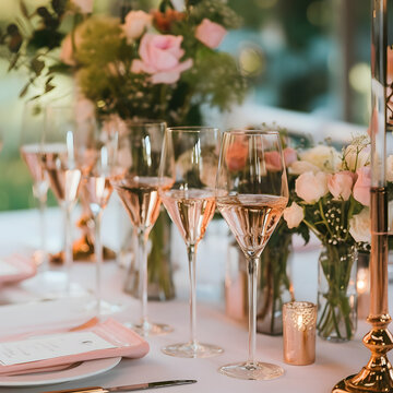 Wedding table setting with glasses of rose champagne, roses and candles on natural linen tablecloth. Romantic wedding illustration with sparkling wine, pink roses and candles. Wedding concept. AI