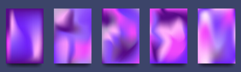Set of abstract holographic minimal vector backgrounds. Poster collection with neon fluid, bright blurs. Vector