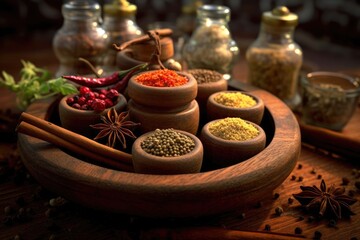 Obraz na płótnie Canvas Spices and herbs banner background. Variety of spices. Generative AI