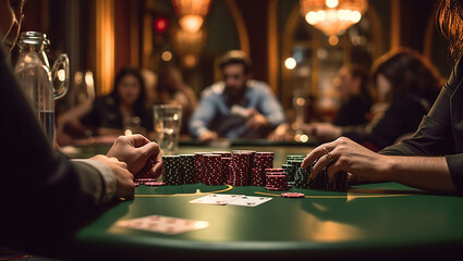 casino, gambling, poker, people and entertainment concept close up of poker player with playing cards and chips at green casino table in casino - obrazy, fototapety, plakaty