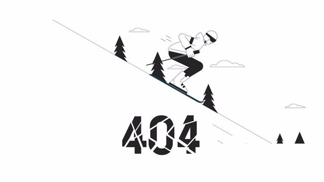 Skiing down bw 404 error animation. Ski lifestyle. Empty state 4K video concept footage with alpha channel transparency. Outline monochrome page not found flash message for UI, UX web design