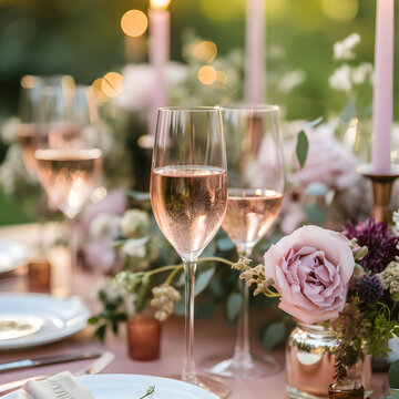 Wedding table setting with glasses of rose champagne, roses and candles. Romantic wedding illustration with glasses of sparkling wine, pink roses and high candles. Wedding concept. AI