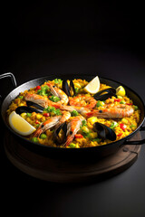Delicious Valencian paella with shellfish, mussels and a slice of lemon served in a black pan. Typical Spanish food. llustration, Generative AI