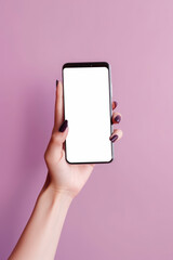 Mockup of female hand holding cell phone with blank screen on lilac background in studio shot. Templates. Illustration. Generative AI.
