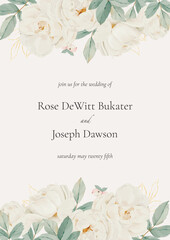 White Roses and Green Leaves Background. Elegant floral border. White flowers watercolor frame. Vector floral arrangement.