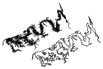 Obraz premium Lake Douglas Reservoir (United States of America, North America, us, usa, Tennessee) map vector illustration, scribble sketch Douglas Dam map