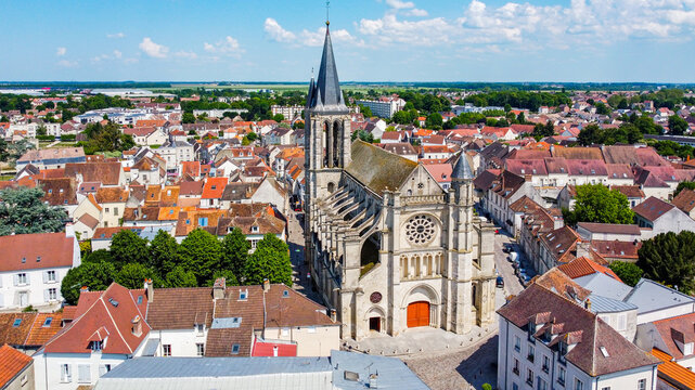 Aerial view of the Saint Stephen Church in Brie Comte Robert, a Roman Catholic parish church in Seine et Marne near Paris, France