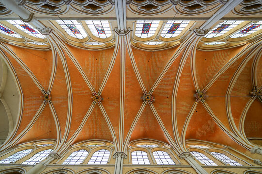 Ribbed vaulted ceiling in the church of Saint Stephen in Brie Comte Robert, a Roman Catholic parish church in Seine et Marne near Paris, France