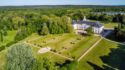 Aerial view of the gardens of the Renaissance castle of Jean Aubert in the domain of the Royal Abbey of Chaalis in the French department of Oise in Picardy, North of France - obrazy, fototapety, plakaty