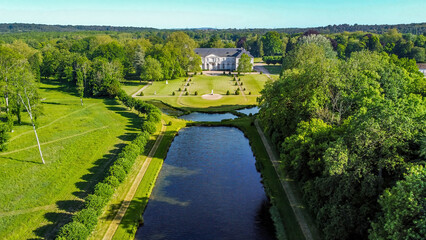 Aerial view of the gardens of the Renaissance castle of Jean Aubert in the domain of the Royal Abbey of Chaalis in the French department of Oise in Picardy, North of France