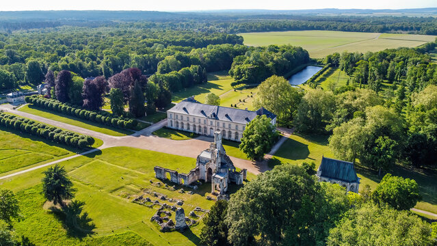 Aerial view of the ruins of the Royal Abbey of Chaalis and of the castle of Jean Aubert near Ermenonville in the French department of Oise in Picardy, North of France