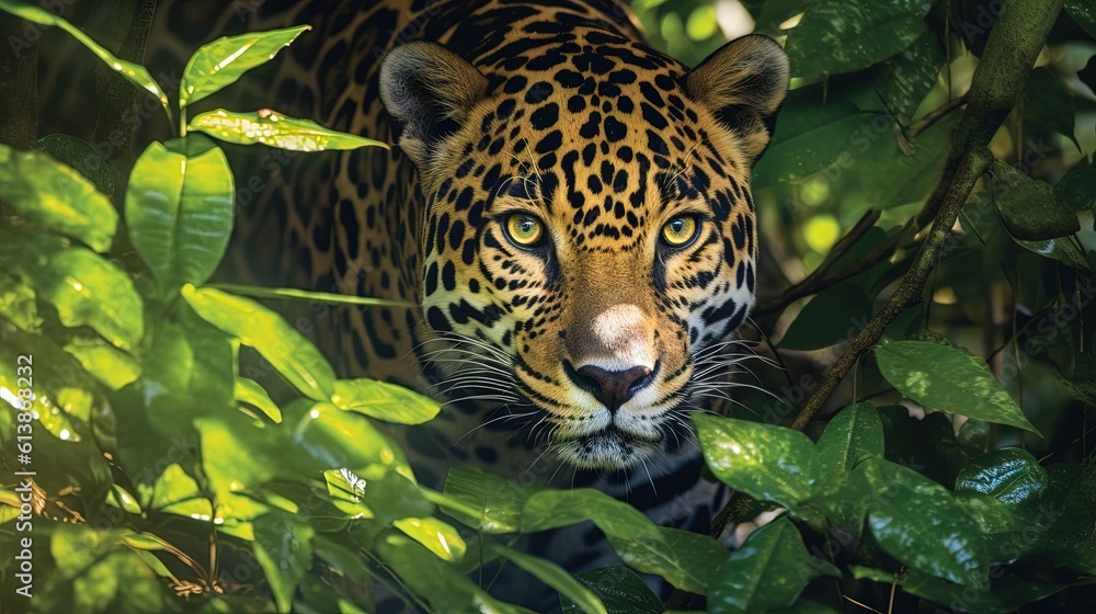 Poster a close up of a leopard in a tree with leaves. generative ai