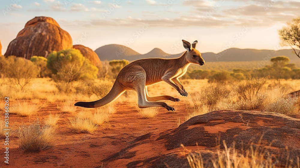 Poster a kangaroo jumping in the air in a desert area with mountains in the background. generative ai