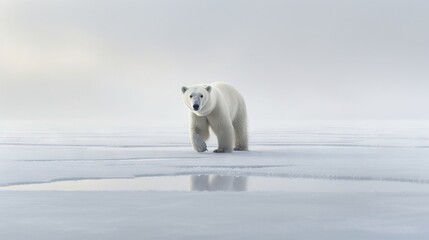 Obraz na płótnie Canvas a polar bear walking across a frozen lake in the snow. generative ai