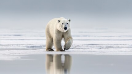 Naklejka na ściany i meble a polar bear walking across a body of water on a cloudy day. generative ai